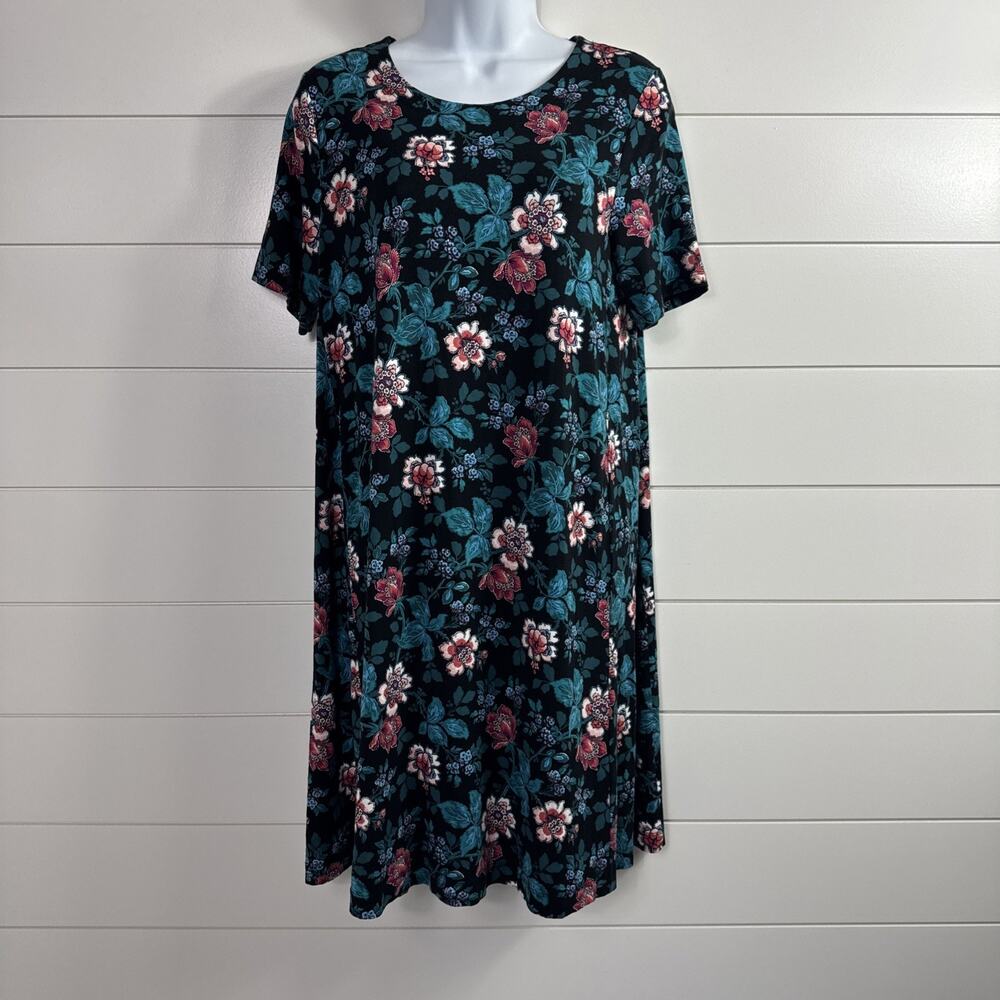 LOFT A-Line Knit Dress Short Sleeve Black Floral Print sz S